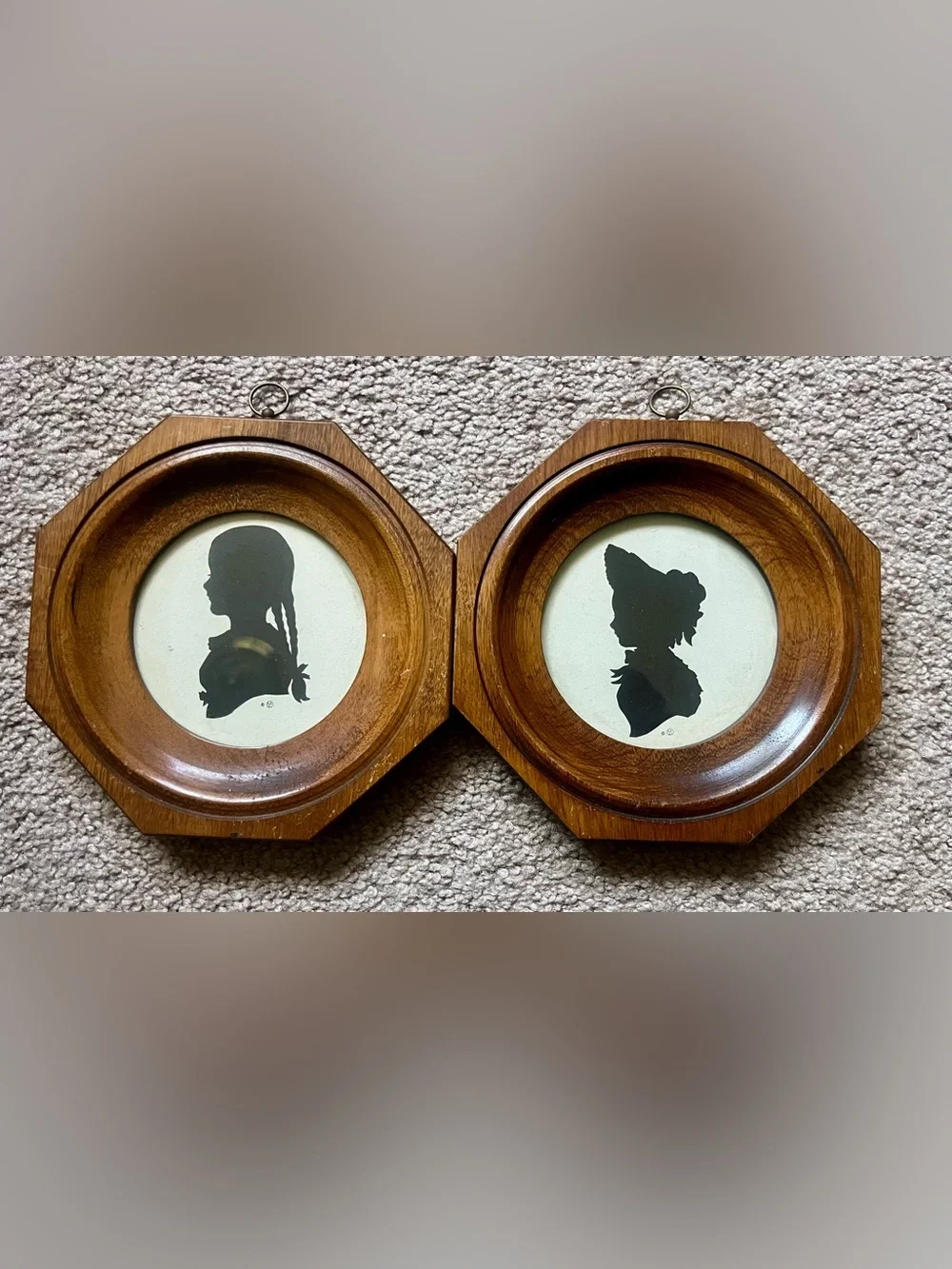 Vintage Silhouette Portrait Bubble Glass Wood Frames Pair Cottagecore